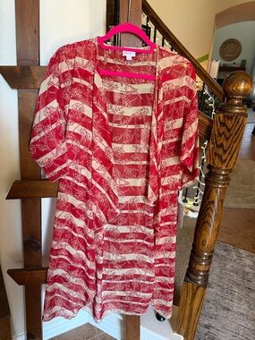 LuLaRoe Red and Cream Striped Floral Swim Coverup